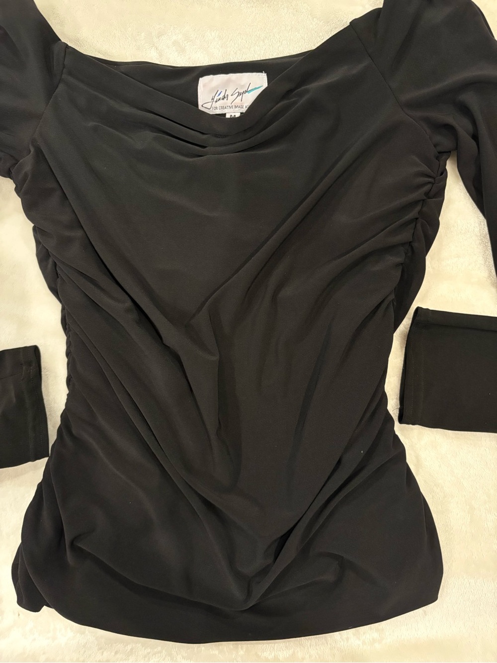 Black Off the Shoulder Ruched Long-Sleeve Top by Linda Segal M
